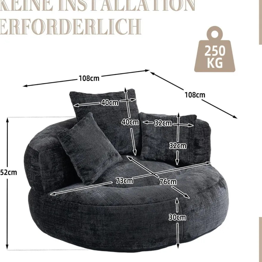 Dolamaní Lazy Sofa Sitzsack Stuhl Couch Lounger mit 3 Kissen, Schwarz