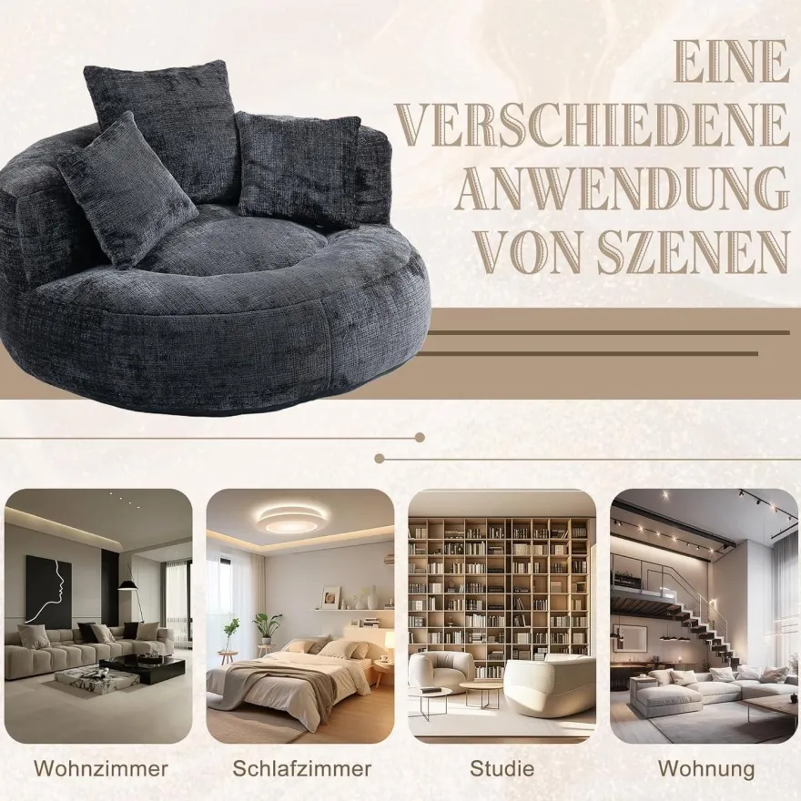 Dolamaní Lazy Sofa Sitzsack Stuhl Couch Lounger mit 3 Kissen, Schwarz