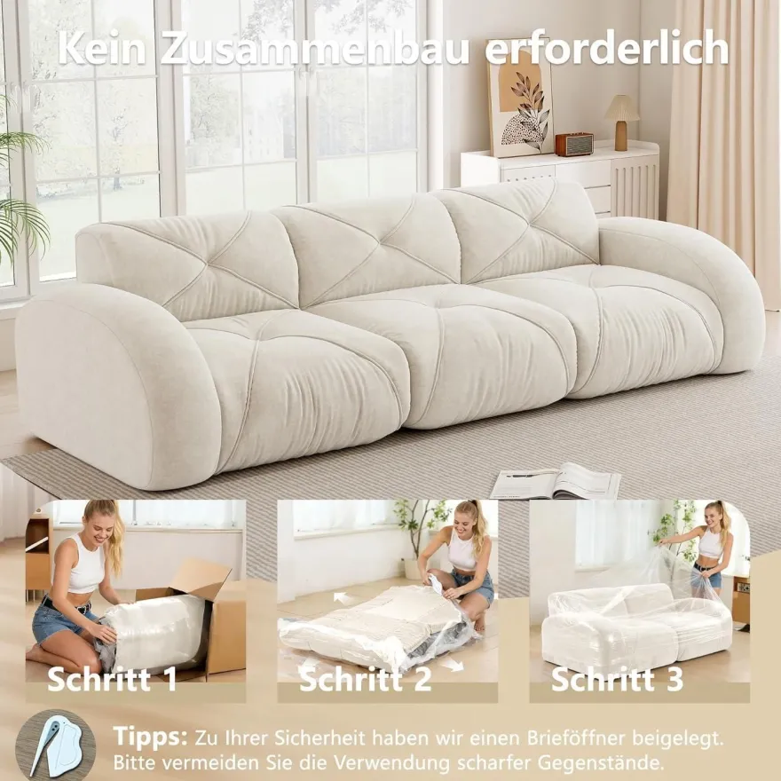 Dolamaní Modernes 3-Sitzer Cord Sofa, Rahmenlos, Chenille, Hochelastisch, Weiß