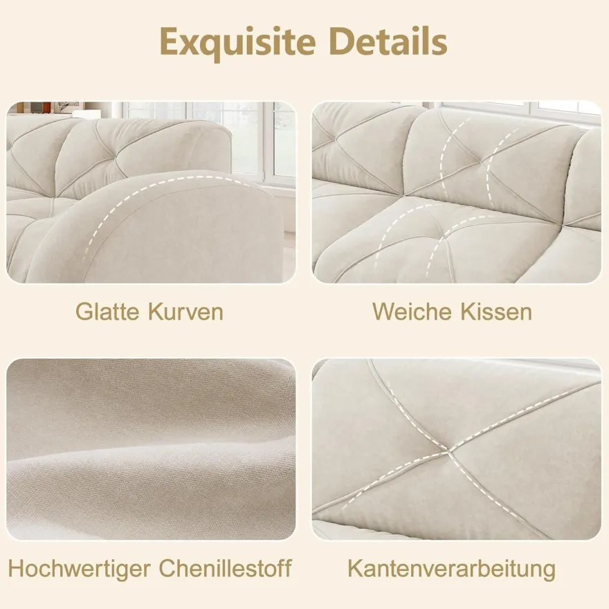 Dolamaní Modernes 3-Sitzer Cord Sofa, Rahmenlos, Chenille, Hochelastisch, Weiß