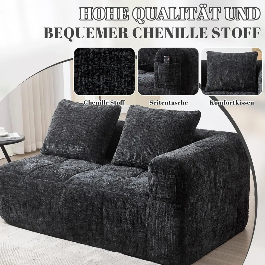 Dolamaní Modernes 2-Sitzer Polstersofa mit Chaiselongue, 2 Kissen, Schwarz B