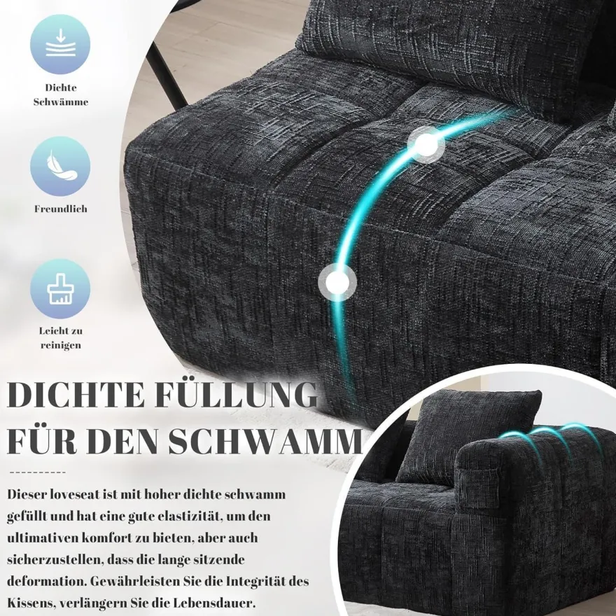 Dolamaní Modernes 2-Sitzer Polstersofa mit Chaiselongue, 2 Kissen, Schwarz B