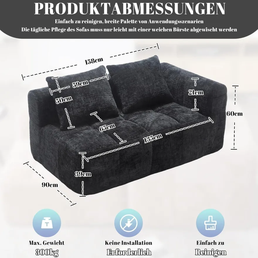 Dolamaní Modernes 2-Sitzer Polstersofa mit Chaiselongue, 2 Kissen, Schwarz B