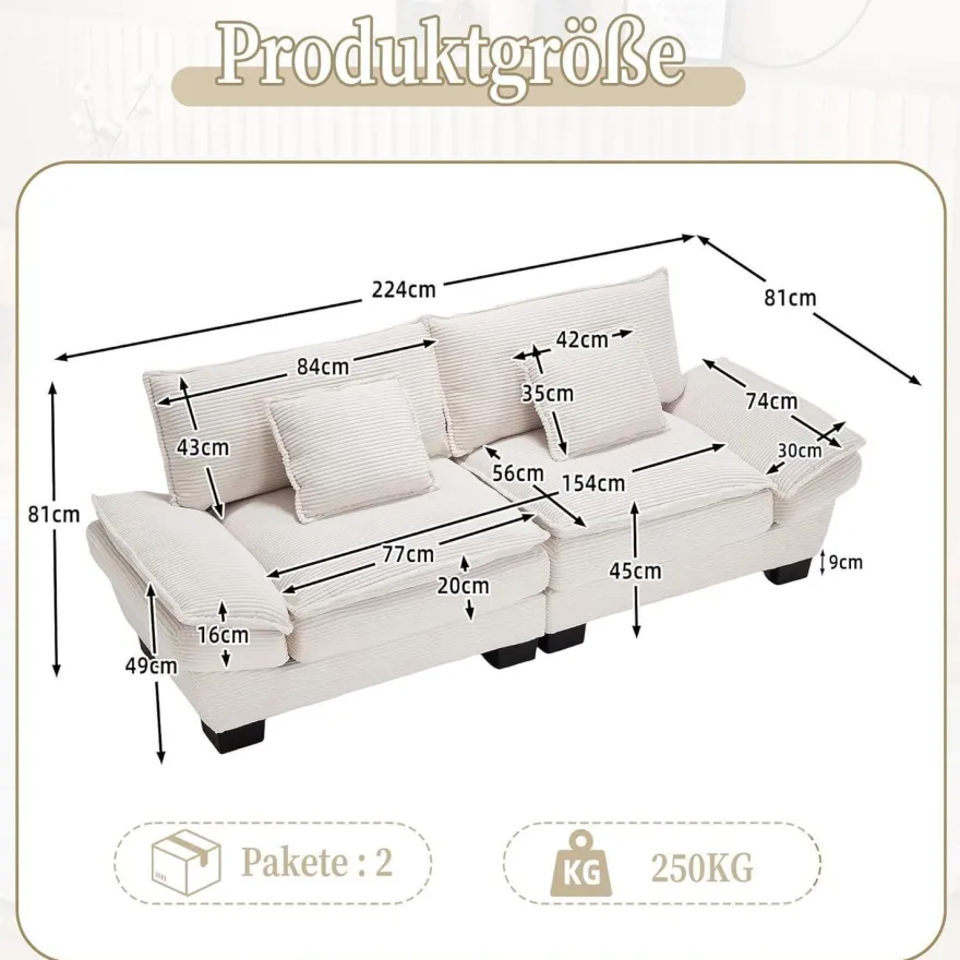 Dolamaní Polstersofa 2-Sitzer Couch mit gepolsterten Armlehnen und Beinen