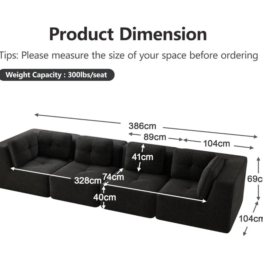 Dolamaní 4-Sitzer Ecksofa aus Cordstoff, modular, ohne Montage, hochelastische