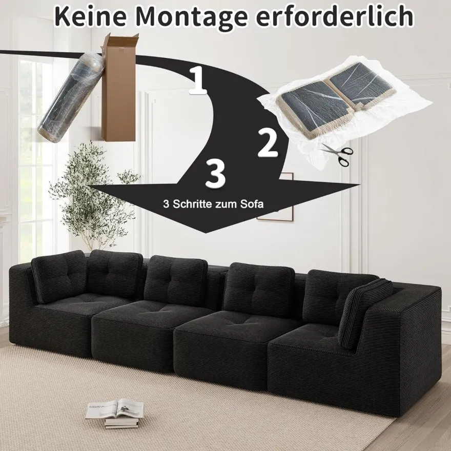 Dolamaní 4-Sitzer Ecksofa aus Cordstoff, modular, ohne Montage, hochelastische