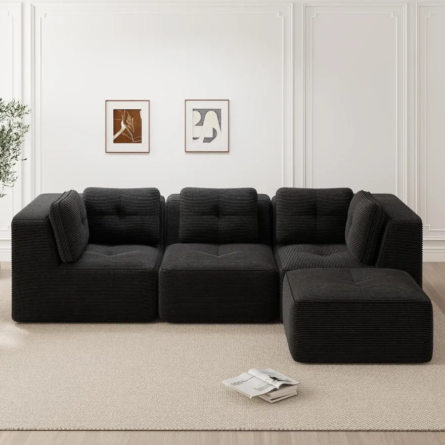 Dolamaní 3-Sitzer Modulares Ecksofa aus Cordstoff mit 1 Fußstütze - Schwarz