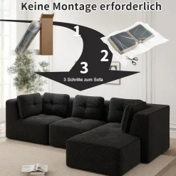 Dolamaní 3-Sitzer Modulares Ecksofa aus Cordstoff mit 1 Fußstütze - Schwarz