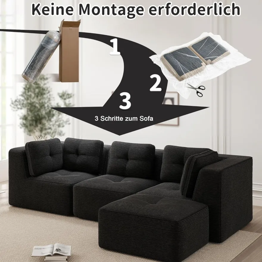 Dolamaní 3-Sitzer Modulares Ecksofa aus Cordstoff mit 1 Fußstütze - Schwarz
