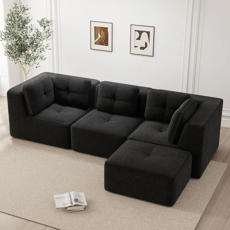 Dolamaní 3-Sitzer Modulares Ecksofa aus Cordstoff mit 1 Fußstütze - Schwarz
