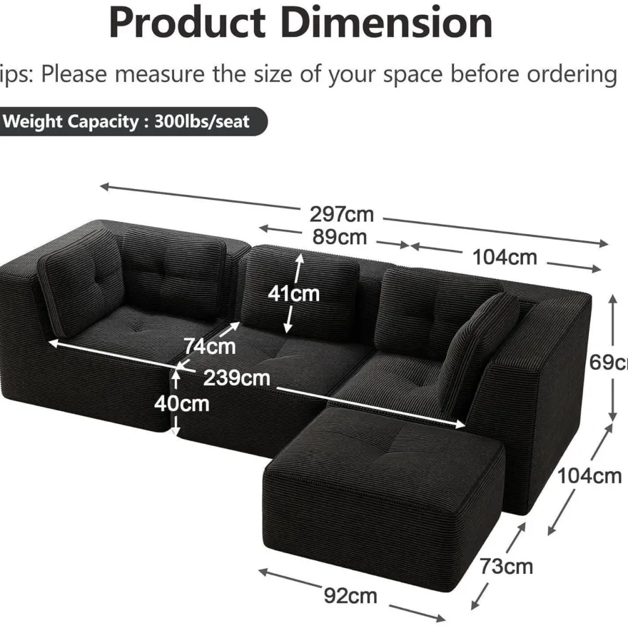 Dolamaní 3-Sitzer Modulares Ecksofa aus Cordstoff mit 1 Fußstütze - Schwarz