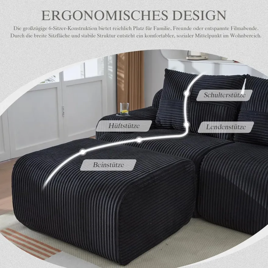 Dolamaní 4-Sitzer U-Form Sofa aus Cord mit 2 Hockern, Getränkehalter