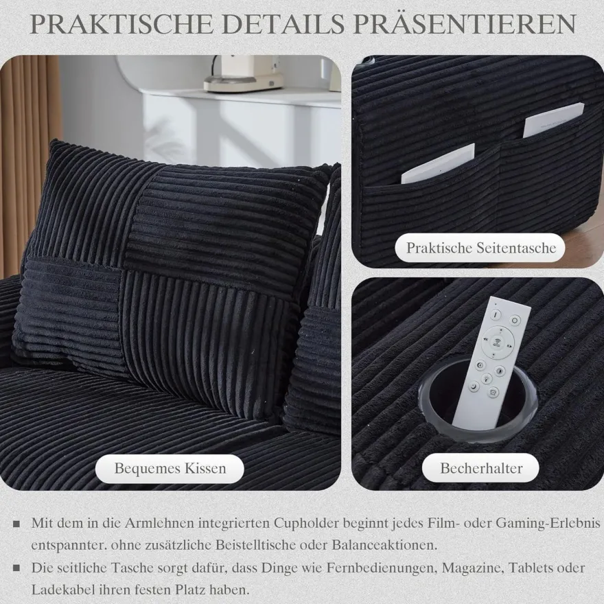 Dolamaní 4-Sitzer U-Form Sofa aus Cord mit 2 Hockern, Getränkehalter