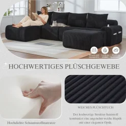 Dolamaní 4-Sitzer U-Form Sofa aus Cord mit 2 Hockern, Getränkehalter