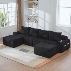Dolamaní 4-Sitzer U-Form Sofa aus Cord mit 2 Hockern, Getränkehalter