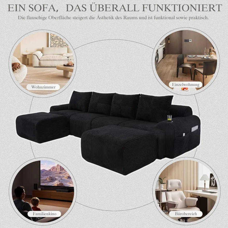 Dolamaní 4-Sitzer U-Form Sofa aus Cord mit 2 Hockern, Getränkehalter