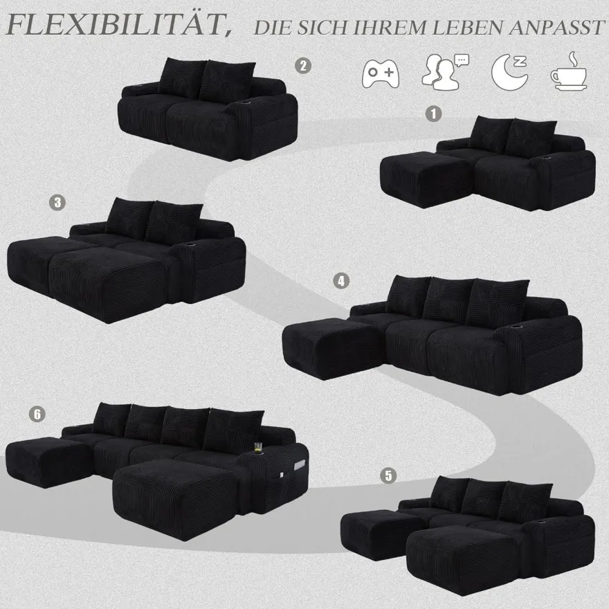 Dolamaní 4-Sitzer U-Form Sofa aus Cord mit 2 Hockern, Getränkehalter