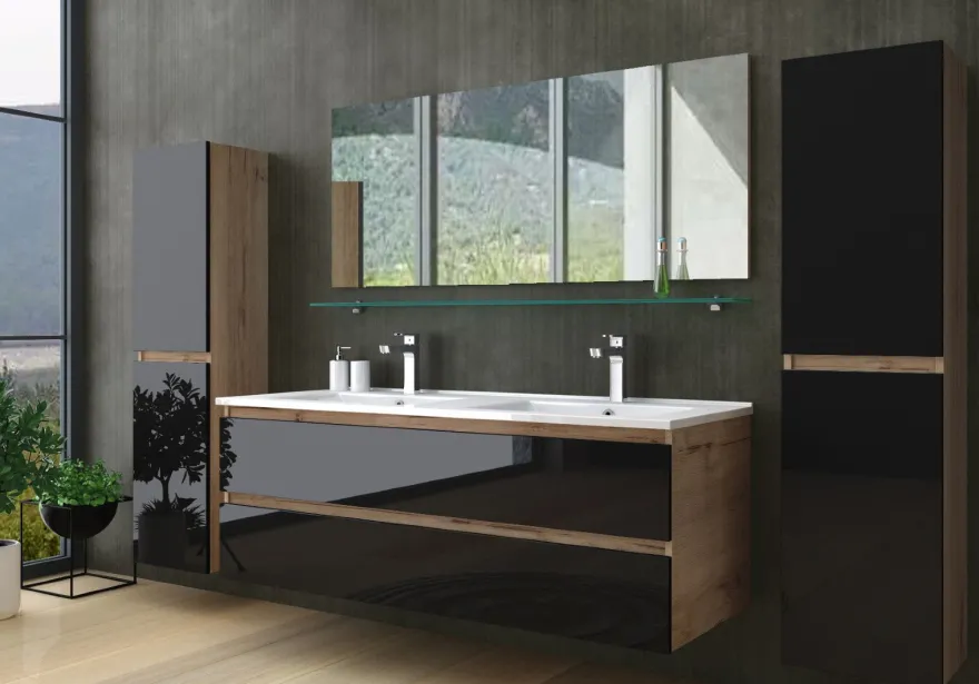 Doppelwaschtisch Schwarz / Eiche Hochglanz Doppel Waschbecken Badmöbel Set 120