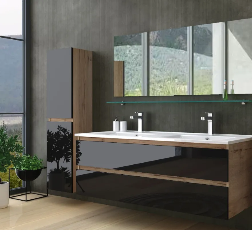 Doppelwaschtisch Schwarz / Eiche Hochglanz Doppel Waschbecken Badmöbel Set 120