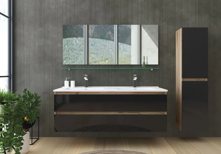 Doppelwaschtisch Schwarz / Eiche Hochglanz Doppel Waschbecken Badmöbel Set 120