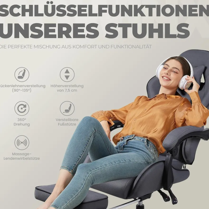 Dowinx Gaming Stuhl Bürostuhl mit Fußstütze Lendenkissen Kopfstütze Grau