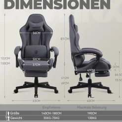 Dowinx Gaming Stuhl Bürostuhl mit Fußstütze Lendenkissen Kopfstütze Grau