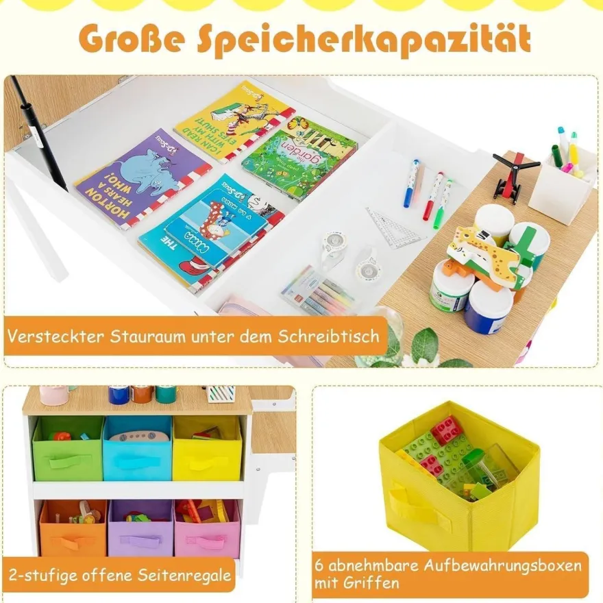 Dreamade 3-in-1 Kindertisch mit 2 Stühlen aus Holz, kippbarer Tischplatte und 6