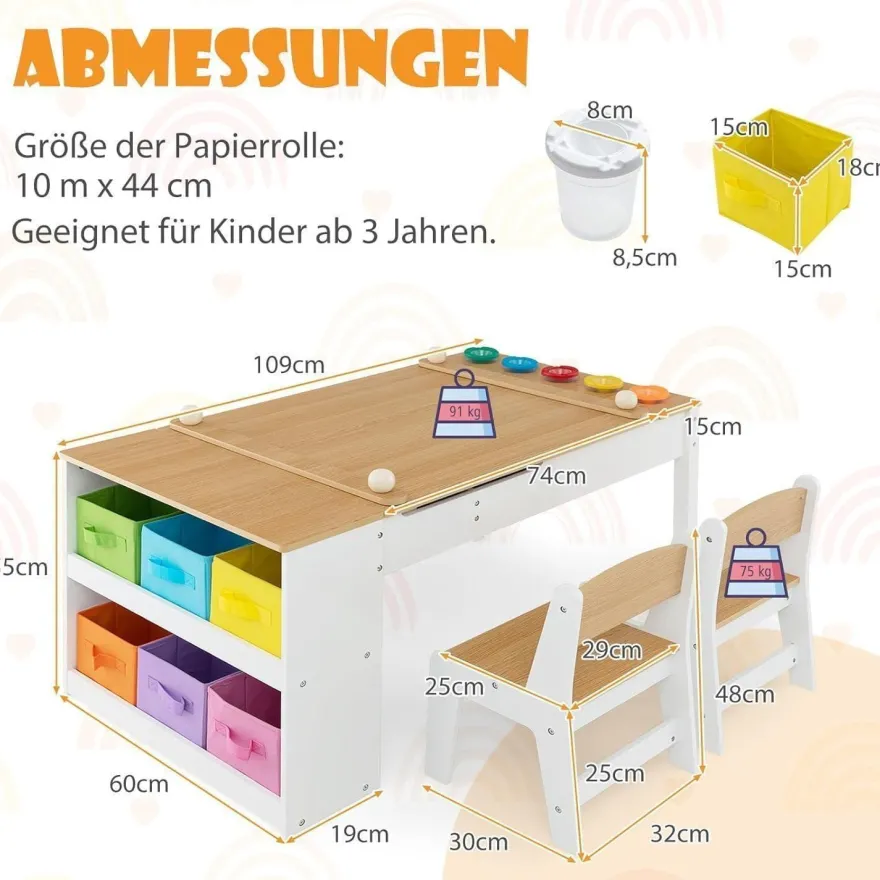 Dreamade 3-in-1 Kindertisch mit 2 Stühlen aus Holz, kippbarer Tischplatte und 6