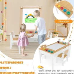 Dreamade 3-in-1 Kindertisch mit 2 Stühlen aus Holz, kippbarer Tischplatte und 6