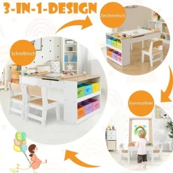Dreamade 3-in-1 Kindertisch mit 2 Stühlen aus Holz, kippbarer Tischplatte und 6