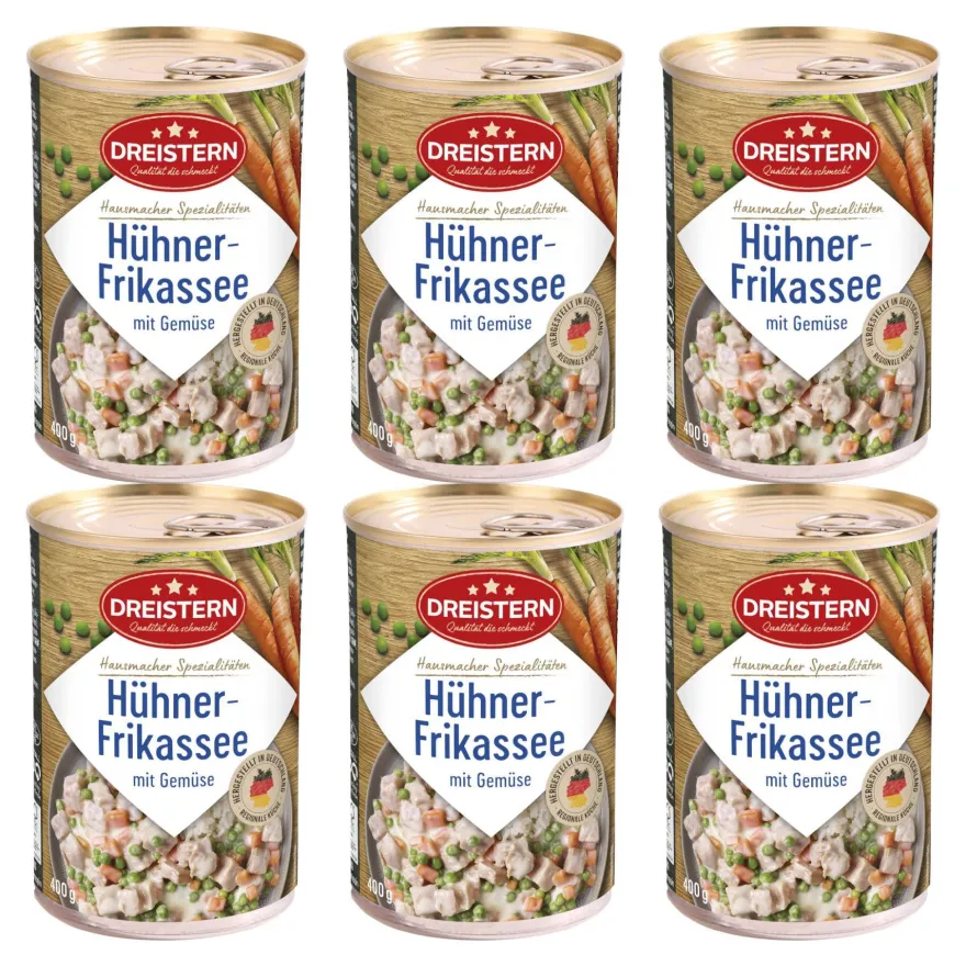 Dreistern 6x Hühnerfrikassee mit Gemüse 400g Ringpulldose / Original Konserve