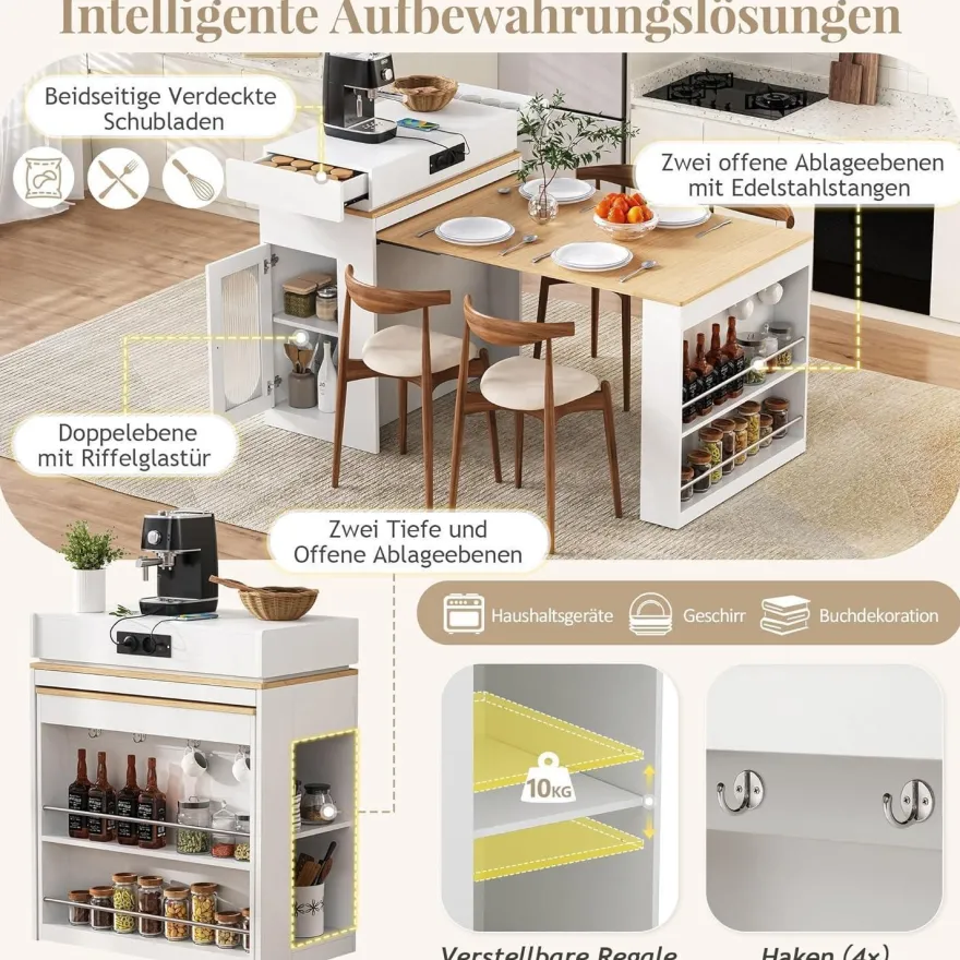DRIXNO Kücheninsel mit Rollen, ausziehbarer Esstisch, Bartisch mit Steckdosen