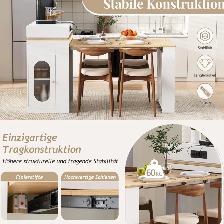 DRIXNO Kücheninsel mit Rollen, ausziehbarer Esstisch, Bartisch mit Steckdosen