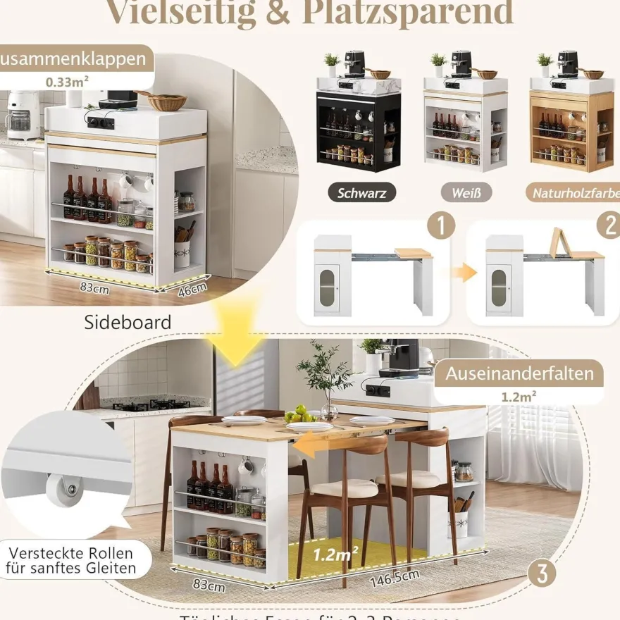 DRIXNO Kücheninsel mit Rollen, ausziehbarer Esstisch, Bartisch mit Steckdosen