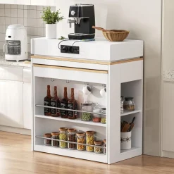 DRIXNO Kücheninsel mit Rollen, ausziehbarer Esstisch, Bartisch mit Steckdosen