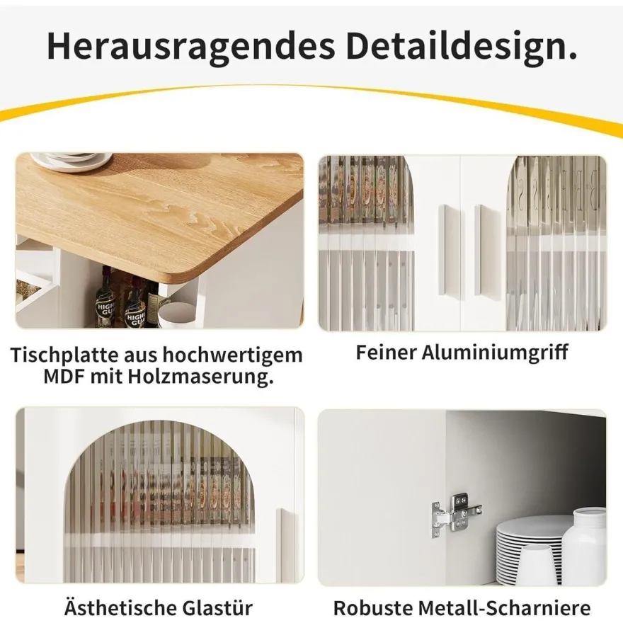 DRIXNO Kücheninsel mit Rollen, abnehmbarer Servierwagen, weißer Buffetschrank