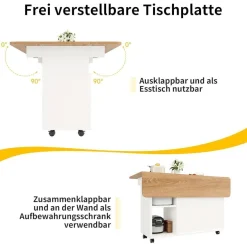 DRIXNO Kücheninsel mit Rollen, abnehmbarer Servierwagen, weißer Buffetschrank