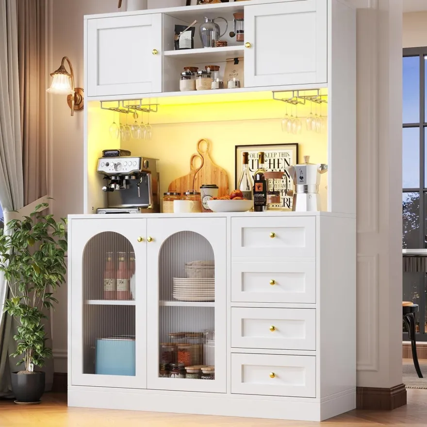 DRIXNO Küchenschrank mit LED-Beleuchtung, 4 Türen, Sideboard für Küche