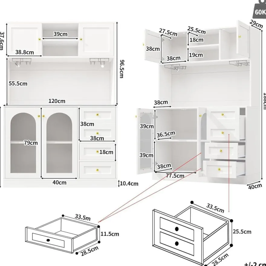 DRIXNO Küchenschrank mit LED-Beleuchtung, 4 Türen, Sideboard für Küche