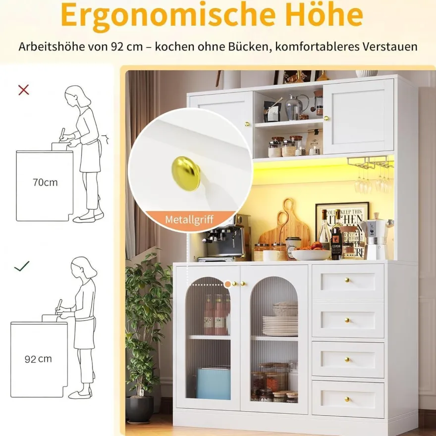 DRIXNO Küchenschrank mit LED-Beleuchtung, 4 Türen, Sideboard für Küche