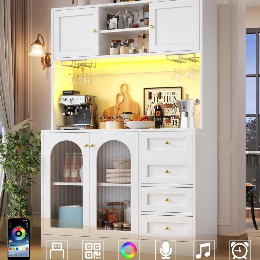 DRIXNO Küchenschrank mit LED-Beleuchtung, 4 Türen, Sideboard für Küche