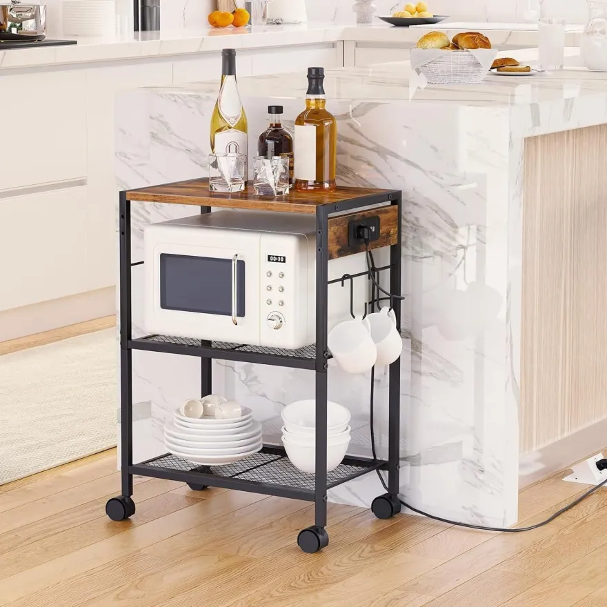 Druckerständer 3-stufig mit Ladestation Rollen Füßen Vintagebraun