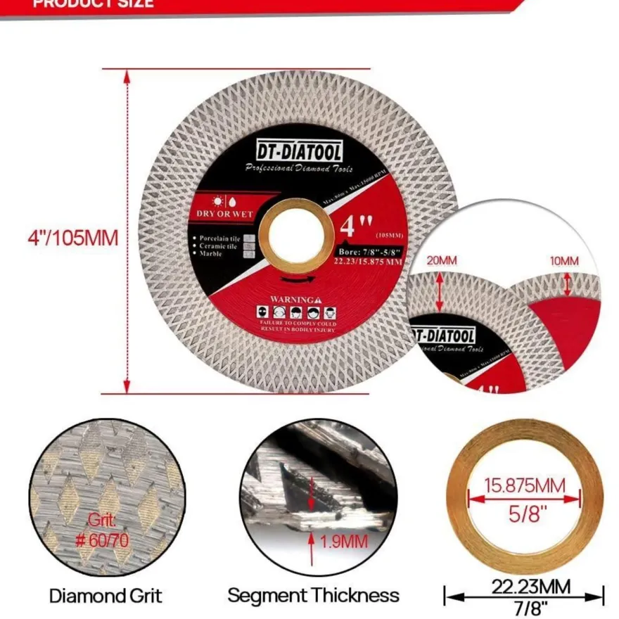 DT-DIATOOL Diamant-Trennscheibe 105mm, 5er-Set für Fliesen, Keramik, Marmor