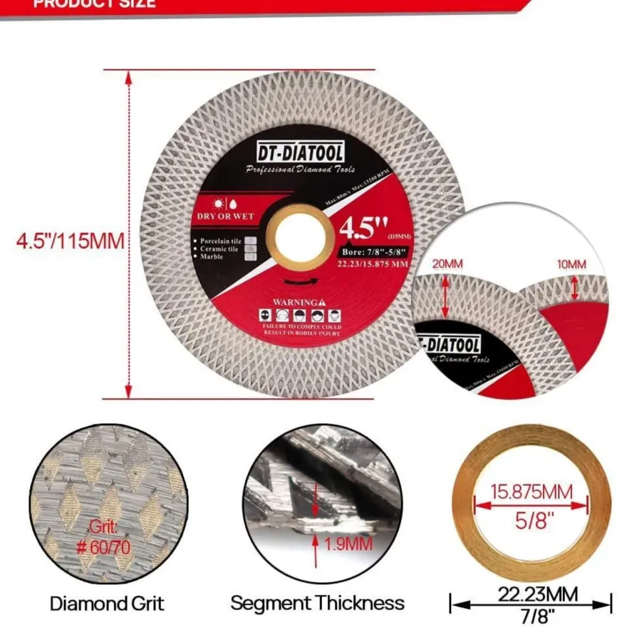 DT-DIATOOL Diamant-Trennscheibe 115mm x 22.23mm, 2 Stück - für Porzellan