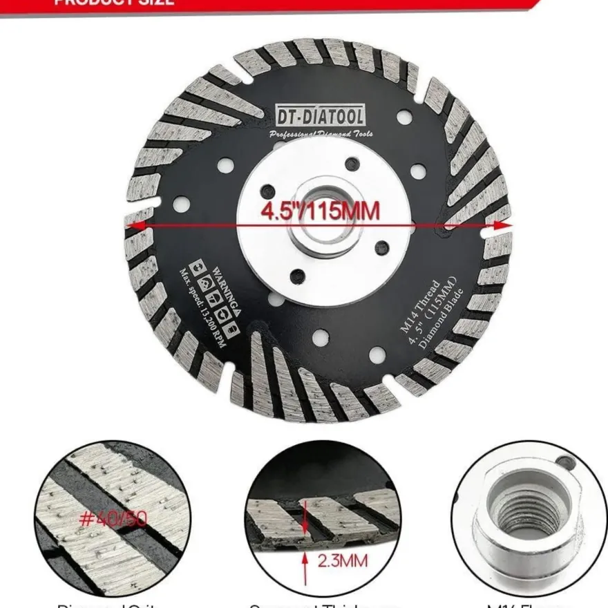 DT-DIATOOL Diamant Trennscheibe 115 mm M14 Turbo Sägeblatt mit Schutzzähnen für