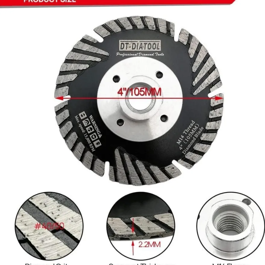 DT-DIATOOL Diamant Trennscheibe 105 mm M14 Turbo Sägeblatt mit Schutzzähnen für