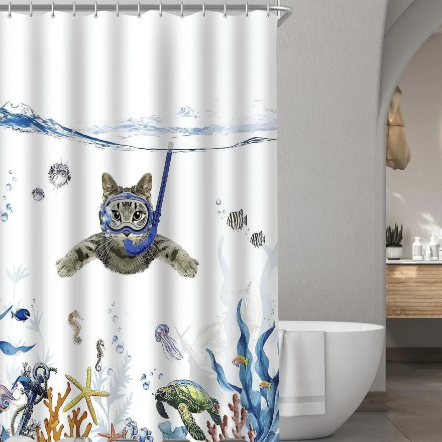 Duschvorhang Katzenschwimme 220x200cm Antischimmel wasserabweisend Polyester