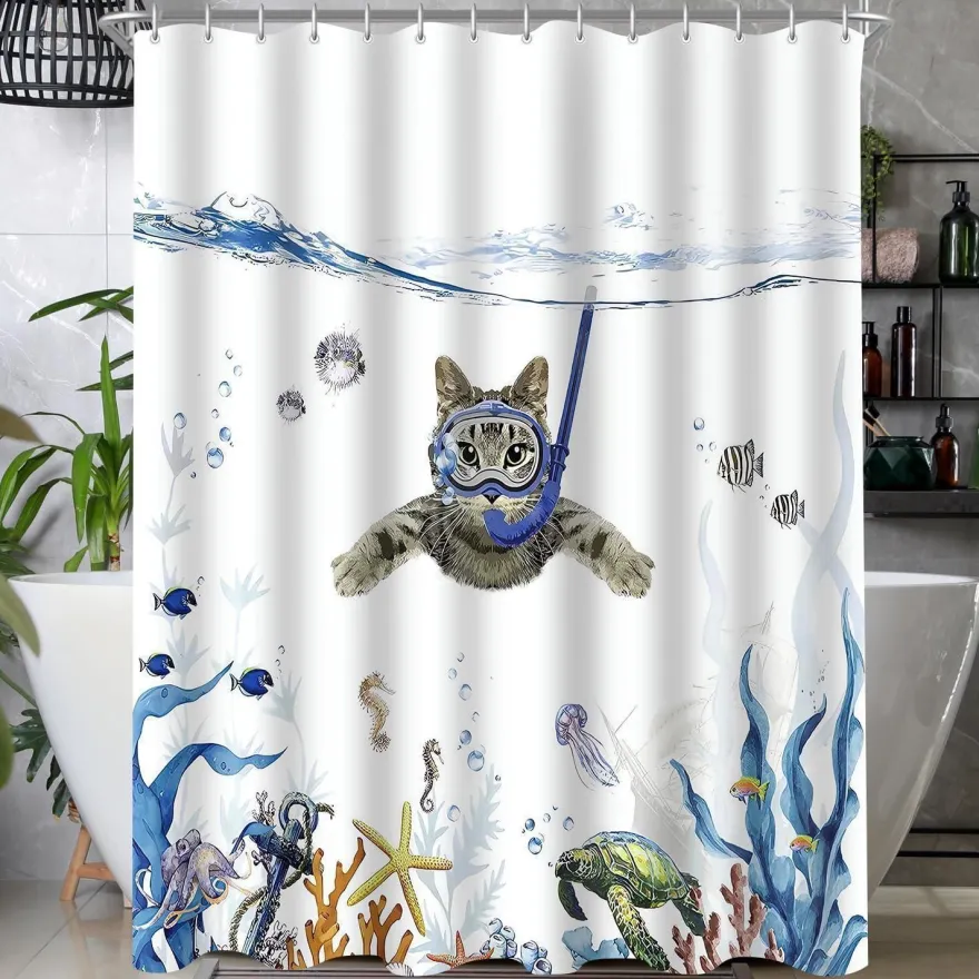 Duschvorhang 180x200cm Katzenschwimme Antischimmel Textil Wasserabweisend