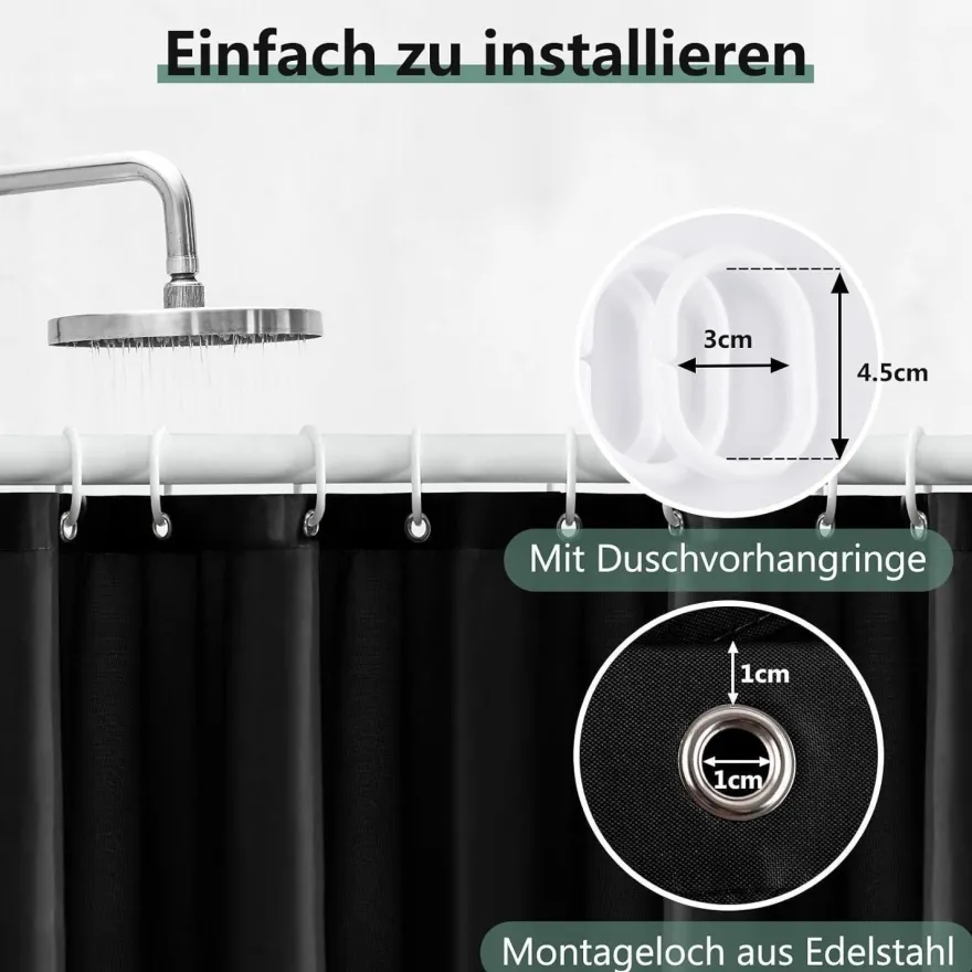 Duschvorhang 240x200cm Schwarz Anti-schimmel Wasserdicht PVC Antibakteriell
