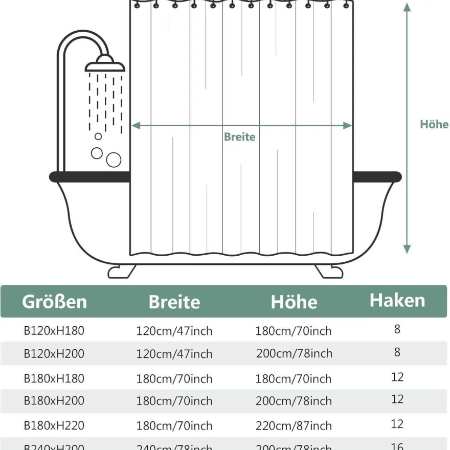 Duschvorhang 240x200cm Schwarz Anti-schimmel Wasserdicht PVC Antibakteriell